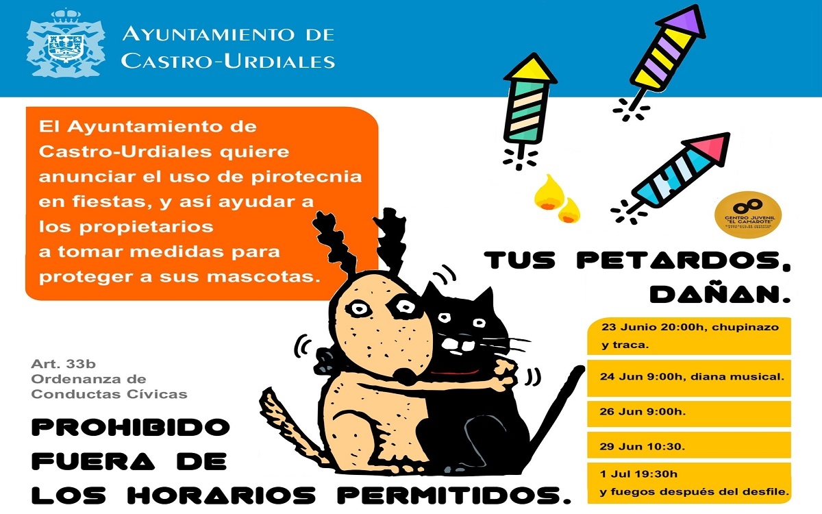 El Ayuntamiento de Castro Urdiales avisa a los propietarios de mascotas de los horarios previstos de lanzamiento de pirotecnia